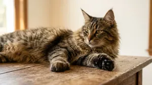 Close-up of a brown tabby polydactyl Maine Coon cat showing wide front paws with extra toes resting on a wooden table