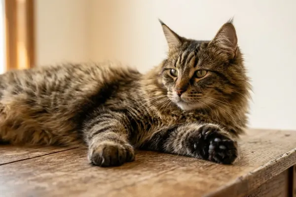 Close-up of a brown tabby polydactyl Maine Coon cat showing wide front paws with extra toes resting on a wooden table