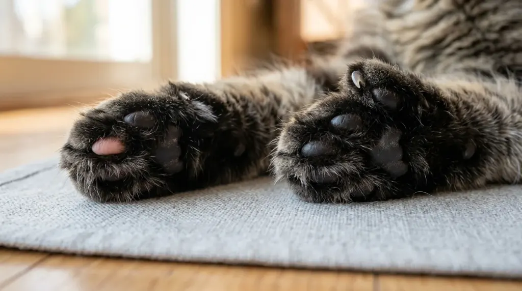Side by side comparison of a standard feline paw and a polydactyl Maine Coon mitten paw with extra digits