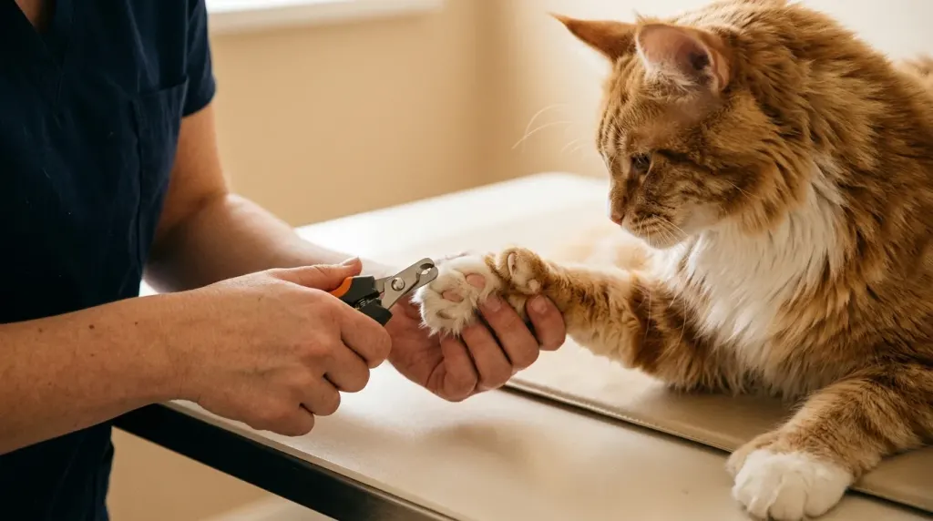 Gentle nail trimming of an extra dewclaw on a polydactyl Maine Coon cat paw during routine grooming