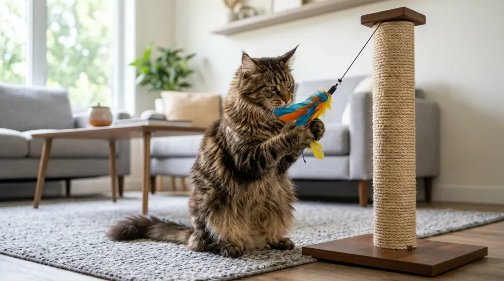 A playful polydactyl Maine Coon cat grasping a feather toy with wide paws near a scratching post