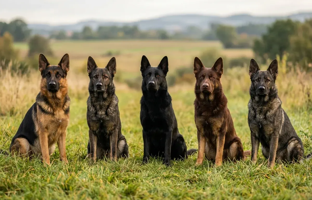Five distinct types of German Shepherd bloodlines sitting together in an open field.