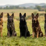 Five distinct types of German Shepherd bloodlines sitting together in an open field.