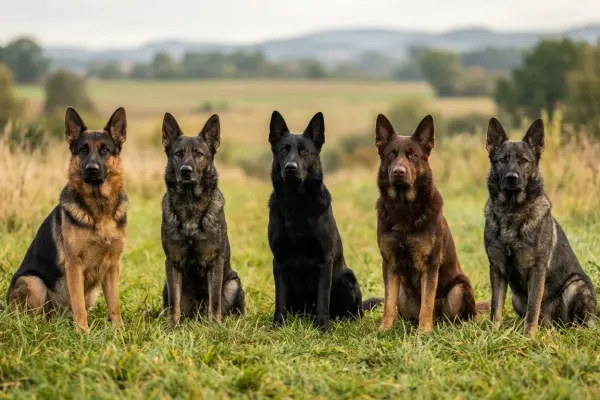 Five distinct types of German Shepherd bloodlines sitting together in an open field.