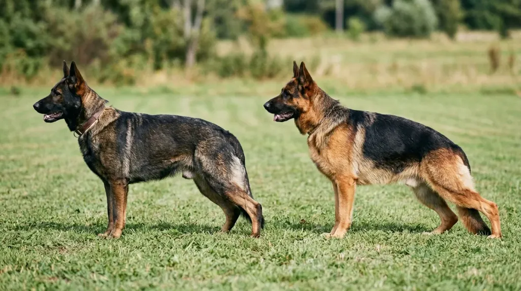 Side view comparison showing the physical differences between working line and show line German Shepherds.