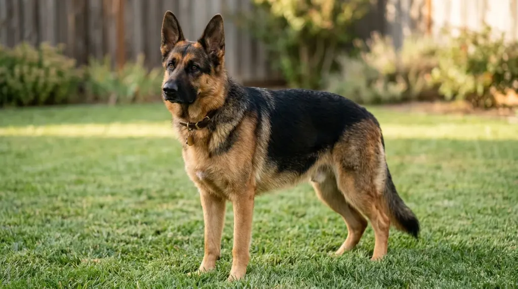 A classic black and red German Shepherd showing standard coat patterns and alert posture.