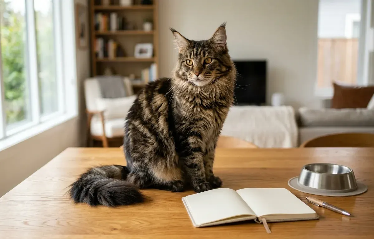 A magnificent purebred Maine Coon cat seated near a household pet care expense ledger and supplies.