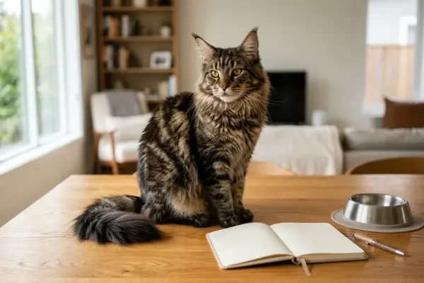 A magnificent purebred Maine Coon cat seated near a household pet care expense ledger and supplies.