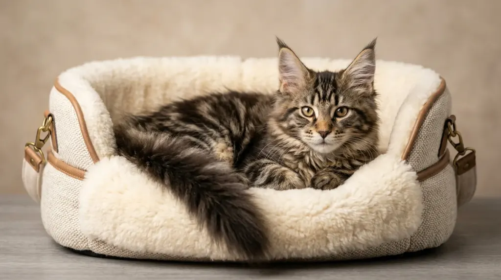 A fluffy purebred Maine Coon kitten showing distinct lynx tips and plush longhair coat.