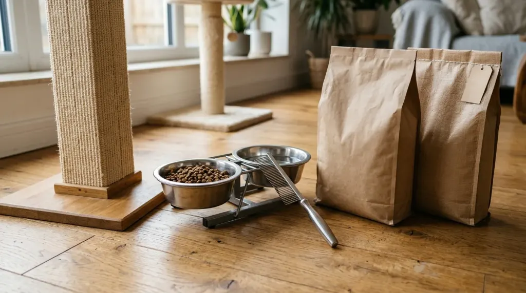 Specialized heavy-duty grooming tools, elevated feeding bowls, and supplies tailored for a large Maine Coon cat.