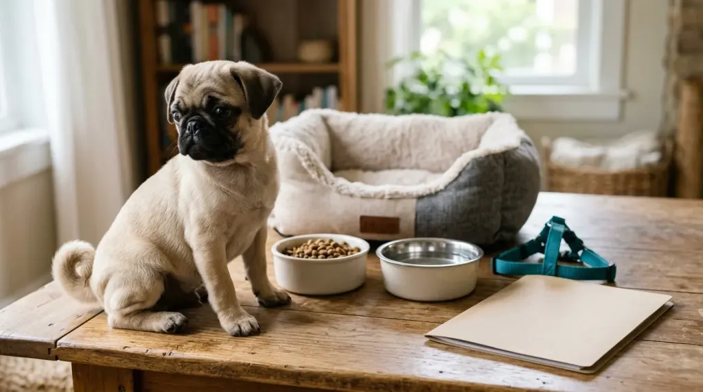 Pug puppy surrounded by basic pet supplies and initial health check paperwork illustrating breeder purchase costs.