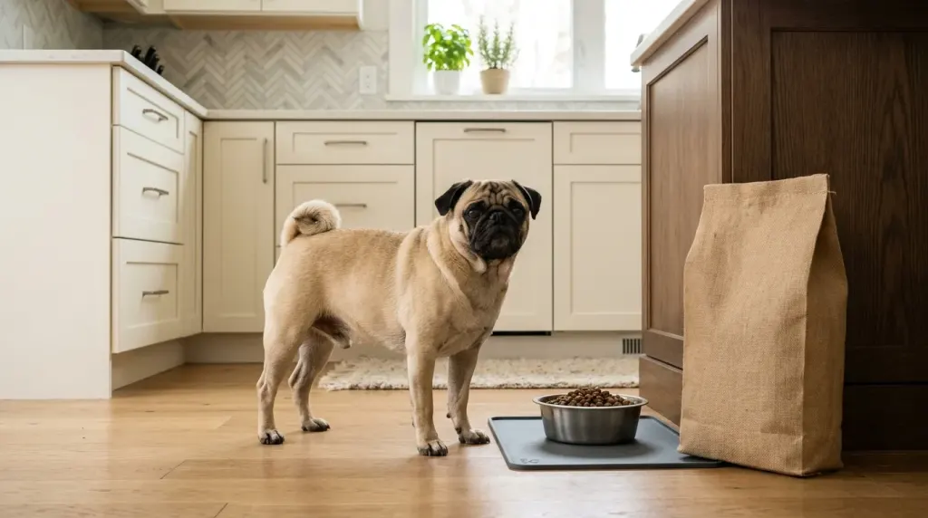 Adult fawn Pug near feeding bowls representing ongoing monthly ownership expenses.