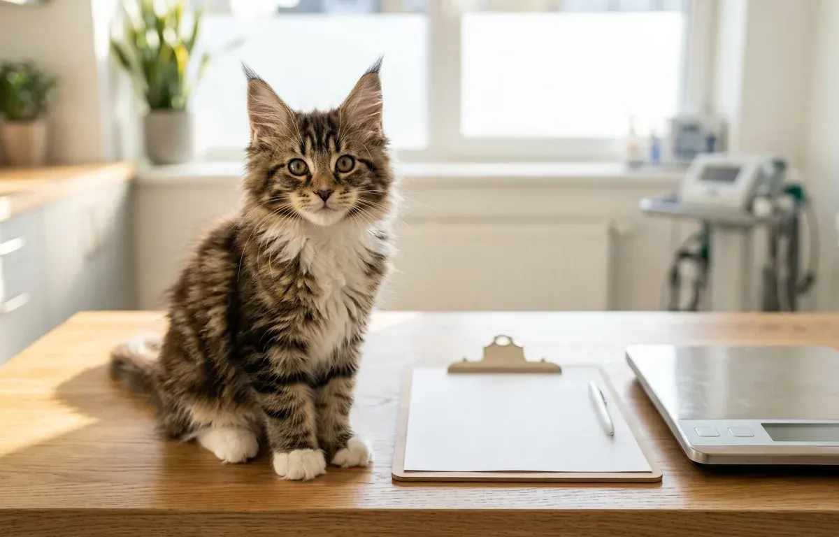 Fluffy Maine Coon kitten sitting on a clinic table next to health assessment records and a digital scale.