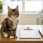 Fluffy Maine Coon kitten sitting on a clinic table next to health assessment records and a digital scale.