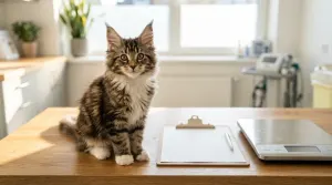 Fluffy Maine Coon kitten sitting on a clinic table next to health assessment records and a digital scale.