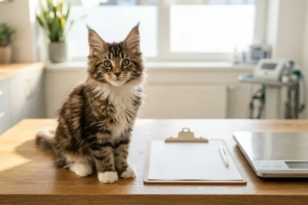 Fluffy Maine Coon kitten sitting on a clinic table next to health assessment records and a digital scale.