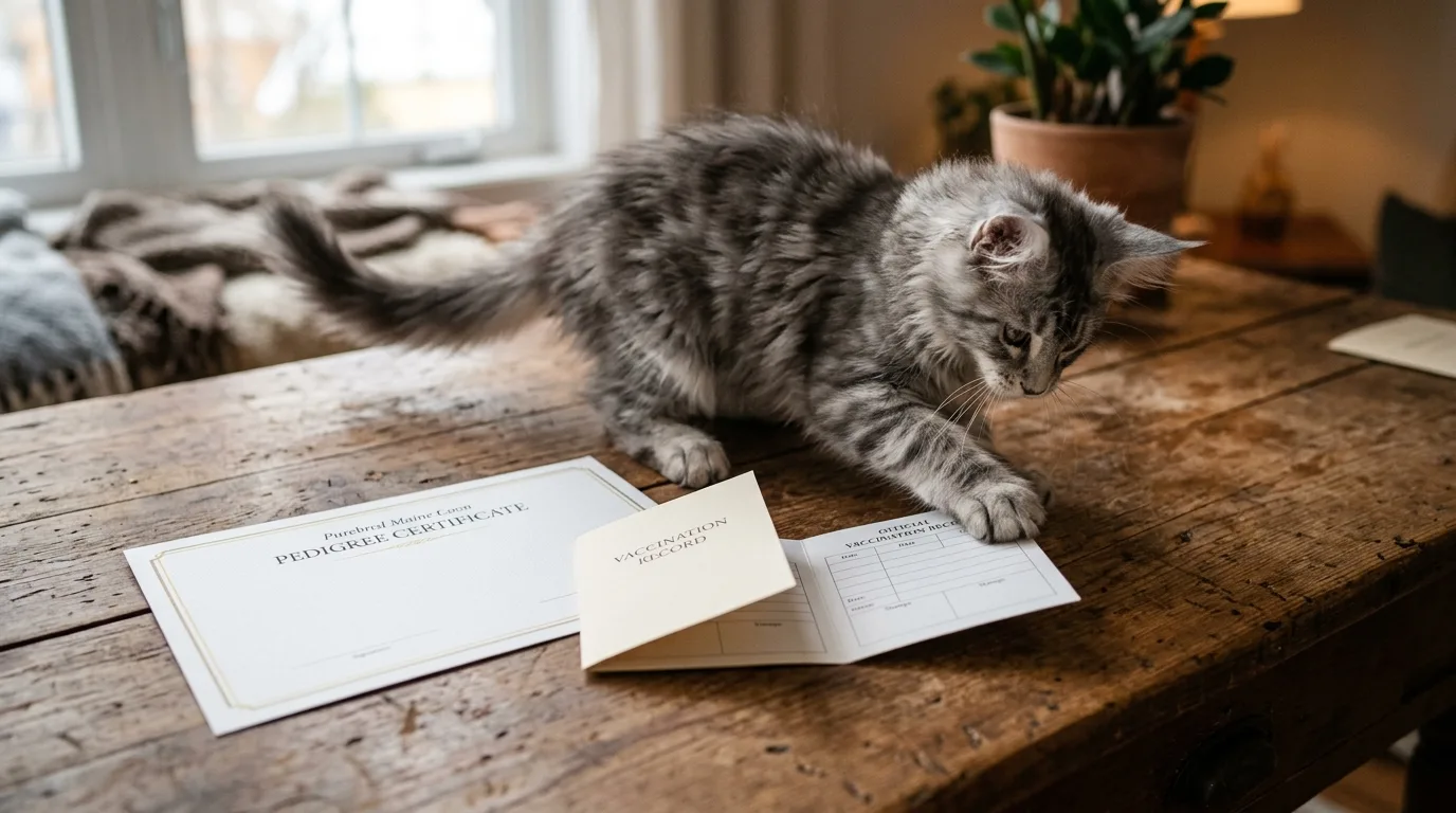 Maine Coon kitten next to registration paperwork and health screening documentation.