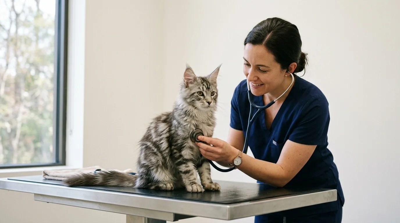 Veterinarian examining a young Maine Coon kitten for cardiac and general health assessment.