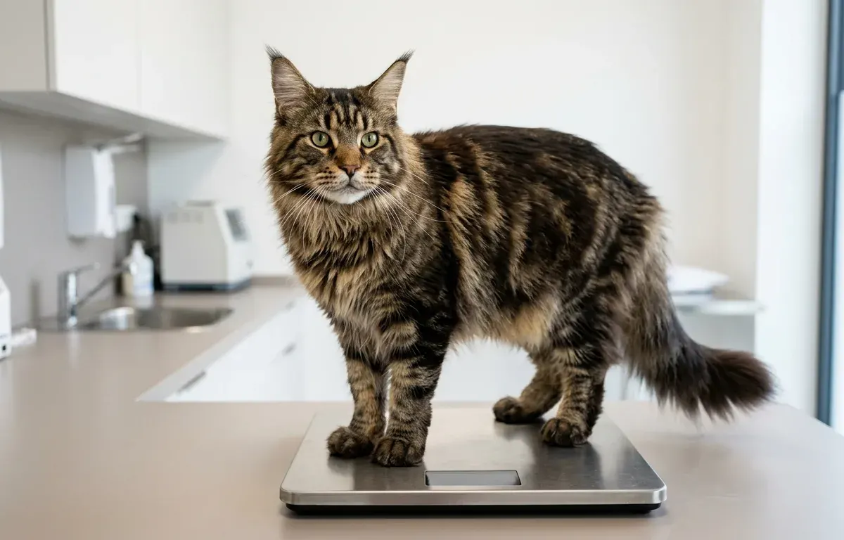 An adult male Maine Coon cat standing on a digital scale for a routine weight check in a veterinary clinic