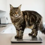 An adult male Maine Coon cat standing on a digital scale for a routine weight check in a veterinary clinic