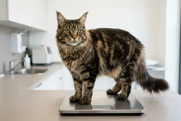 An adult male Maine Coon cat standing on a digital scale for a routine weight check in a veterinary clinic