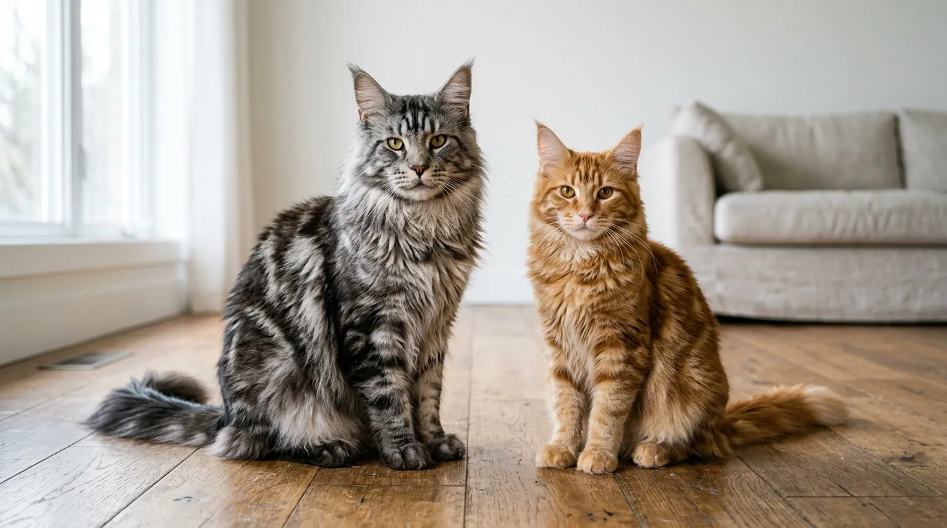 Side by side comparison of male and female Maine Coon cats demonstrating the natural size and weight difference between genders