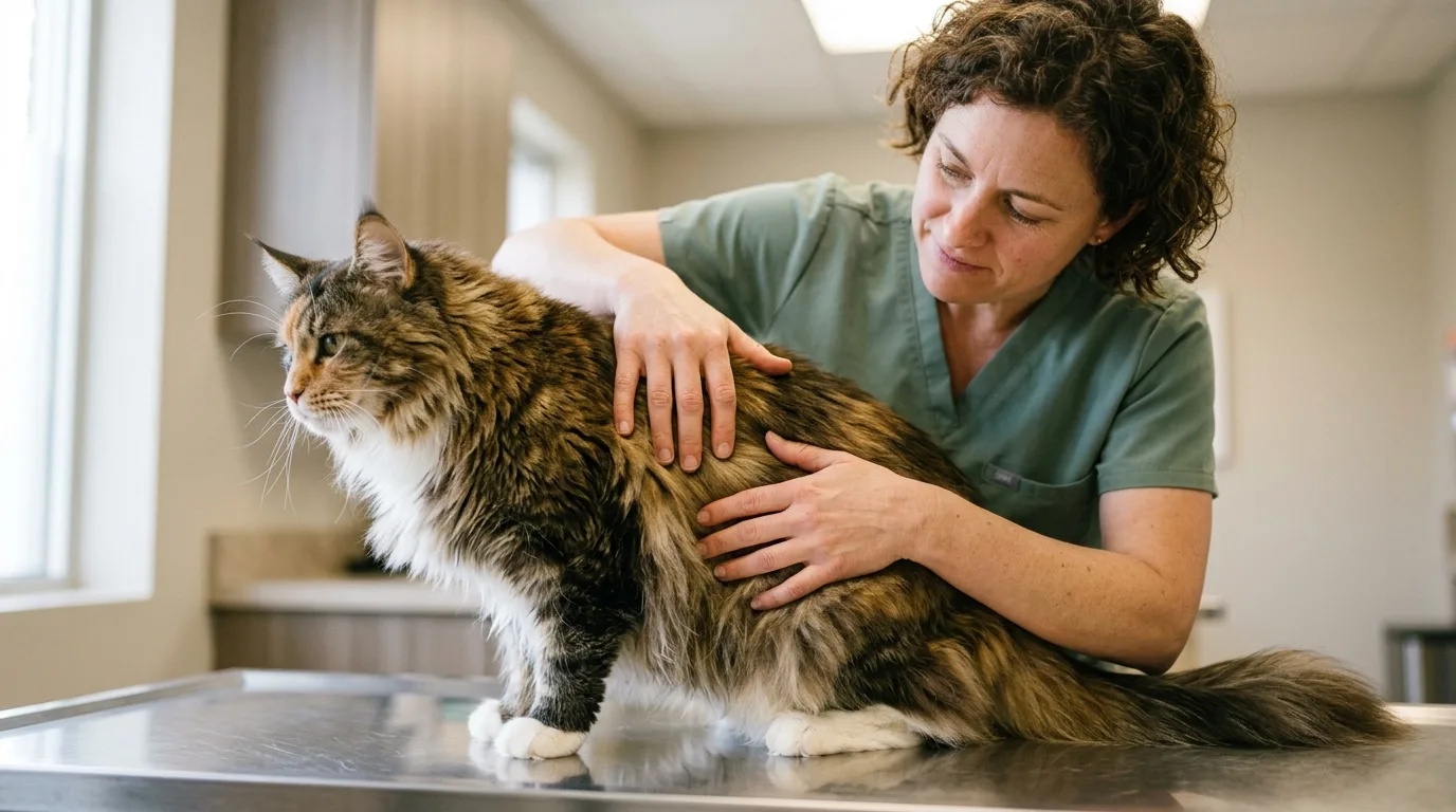 A veterinarian palpating the rib cage of a fluffy Maine Coon cat to assess body condition score beneath the thick coat