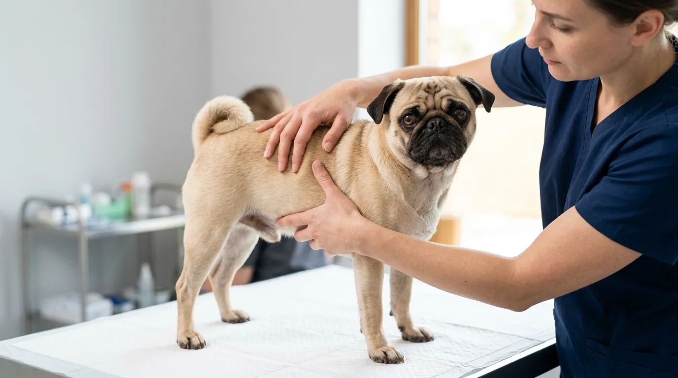 A veterinarian evaluating the body condition score of a fawn pug on an examination table.