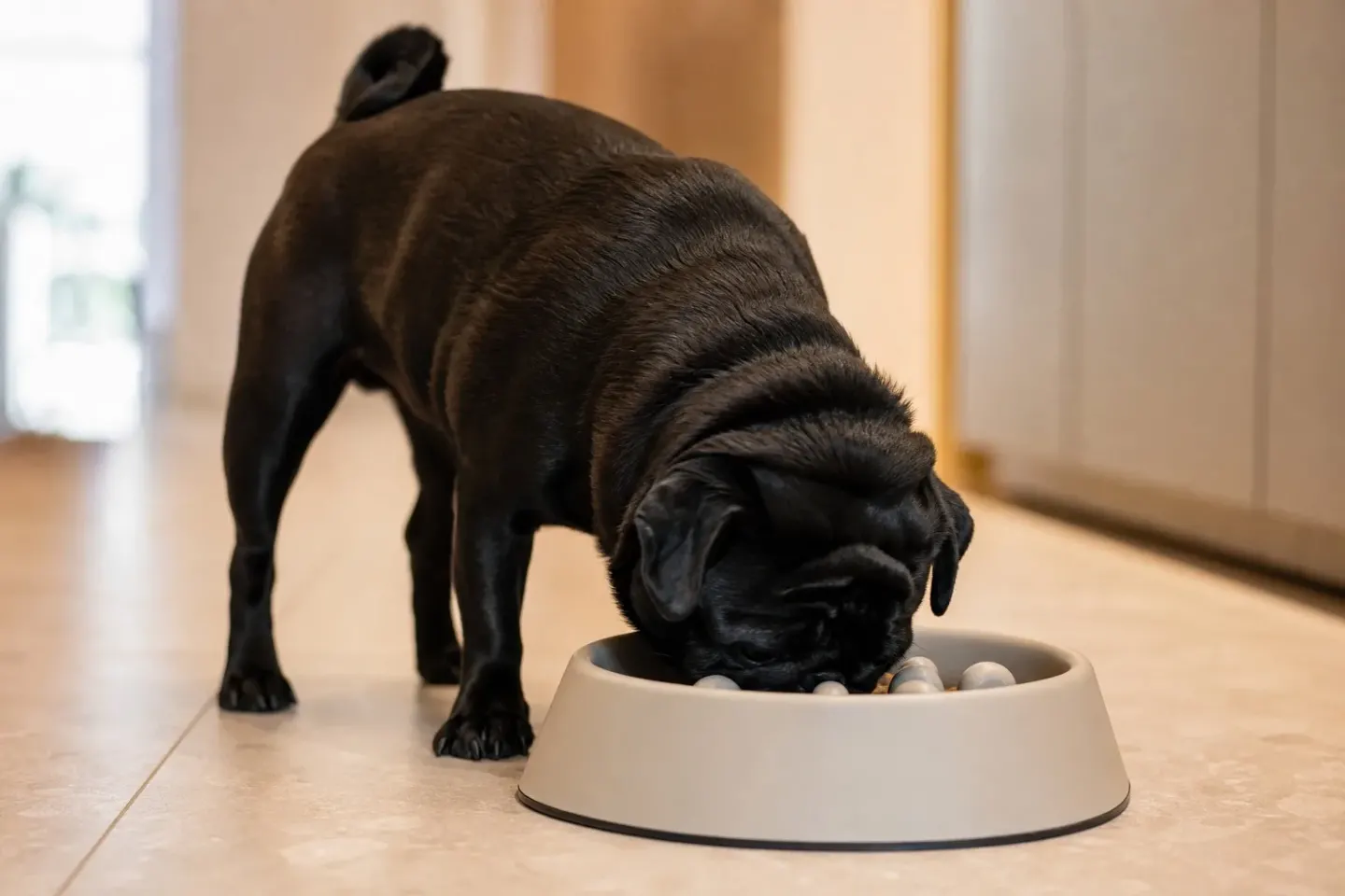 A black pug eating dry food from an interactive slow-feeder dog bowl.