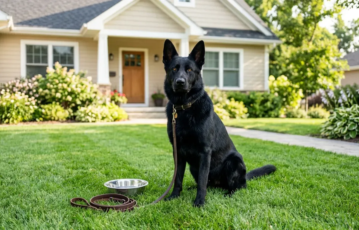Solid black German Shepherd sitting alertly outdoors representing breed cost and acquisition pricing