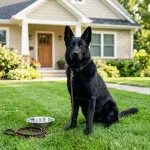 Solid black German Shepherd sitting alertly outdoors representing breed cost and acquisition pricing