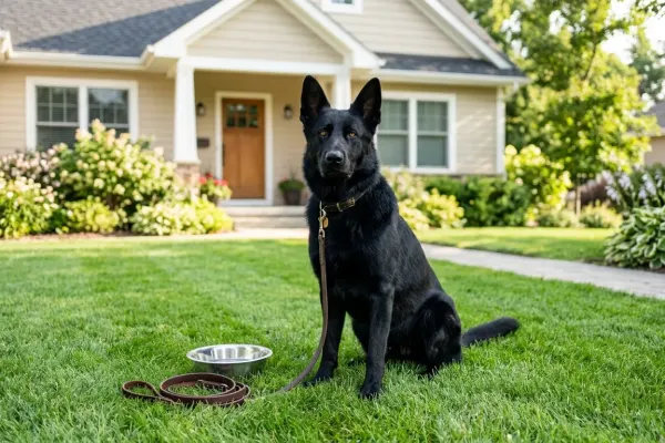 Solid black German Shepherd sitting alertly outdoors representing breed cost and acquisition pricing