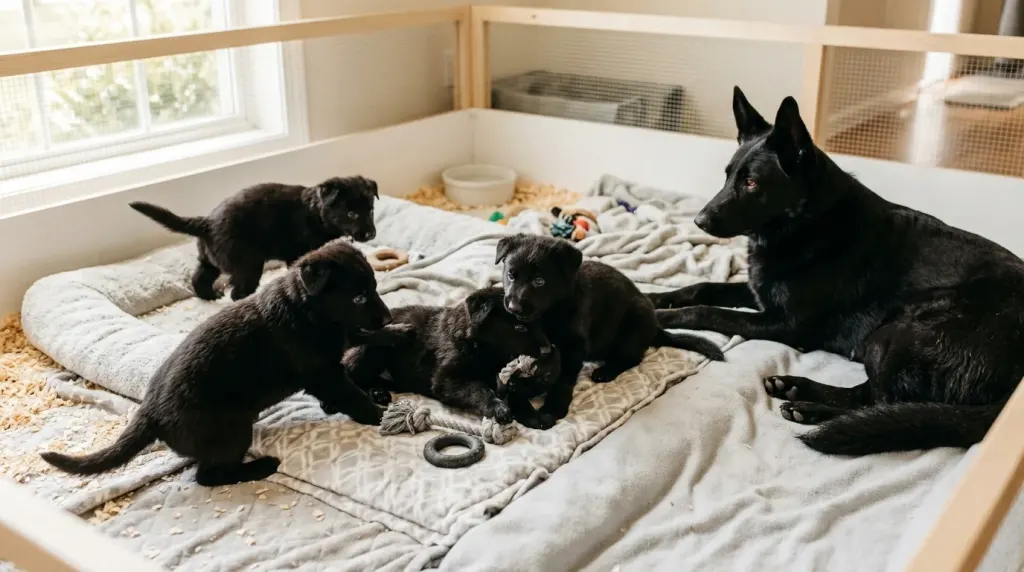 Purebred solid black German Shepherd puppies in a clean breeding pen illustrating breeder acquisition costs