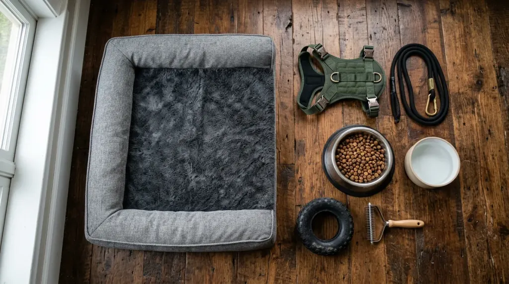 Essential canine supplies and premium food bowl showing ongoing monthly and annual ownership costs of a Black German Shepherd