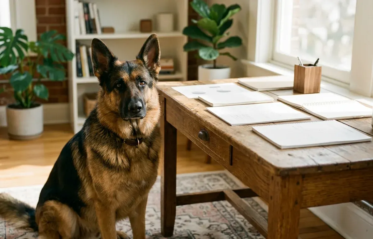 German Shepherd sitting beside a pet care budgeting desk and wellness checklist indoors.