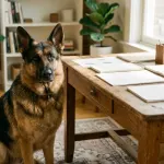 German Shepherd sitting beside a pet care budgeting desk and wellness checklist indoors.