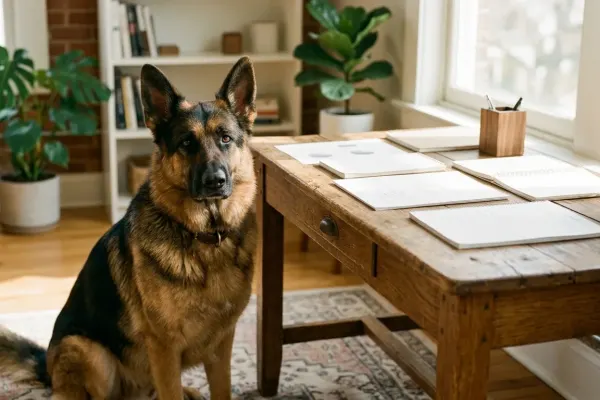 German Shepherd sitting beside a pet care budgeting desk and wellness checklist indoors.