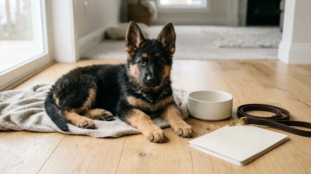Purebred German Shepherd puppy resting near puppy starter supplies and a canine health folder.