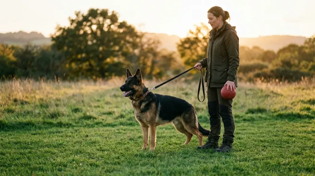 Active adult German Shepherd exercising outdoors on a grass training field.