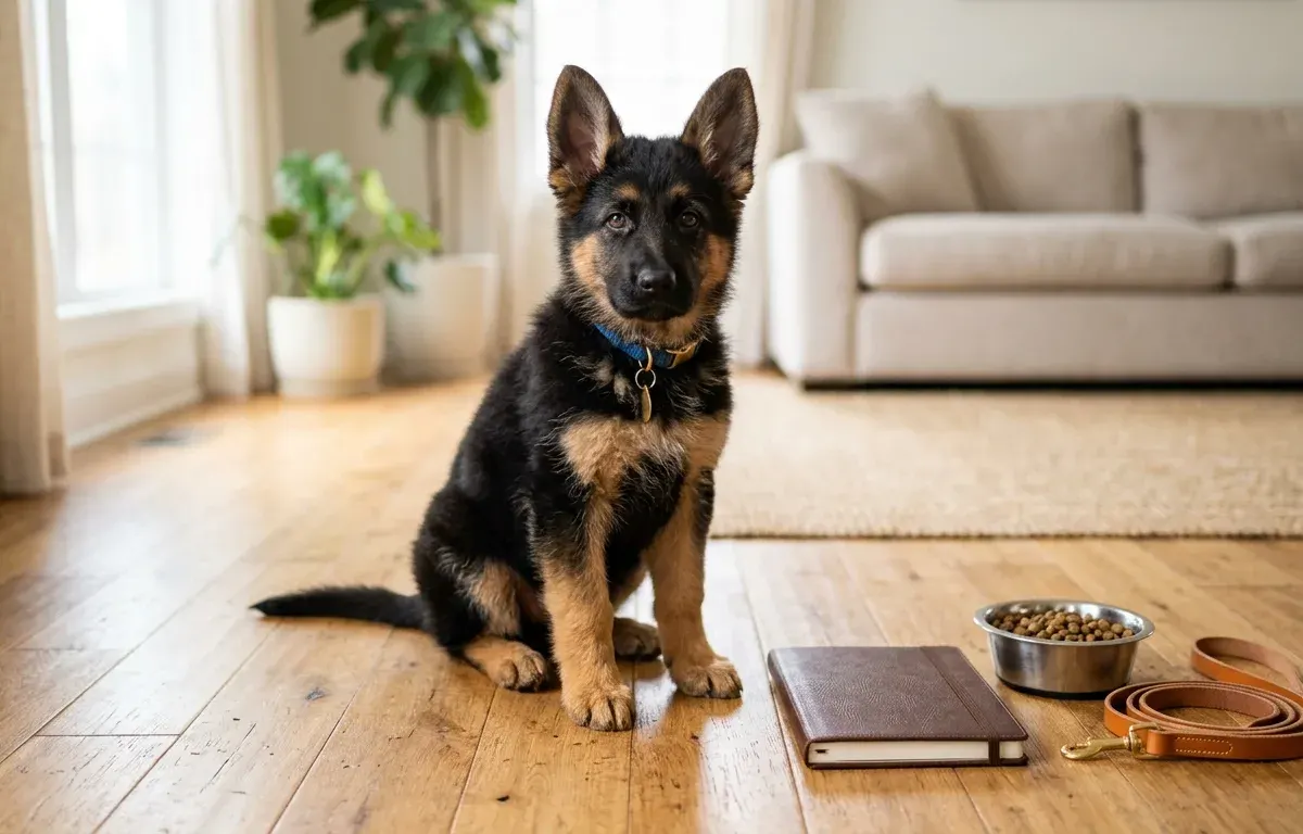 Purebred German Shepherd puppy sitting on a wooden floor beside puppy care supplies and a budget notebook