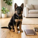 Purebred German Shepherd puppy sitting on a wooden floor beside puppy care supplies and a budget notebook