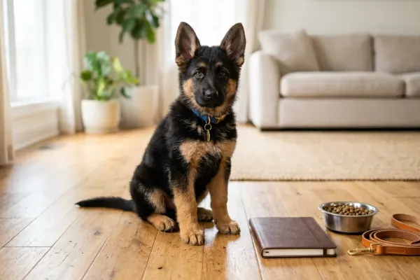 Purebred German Shepherd puppy sitting on a wooden floor beside puppy care supplies and a budget notebook