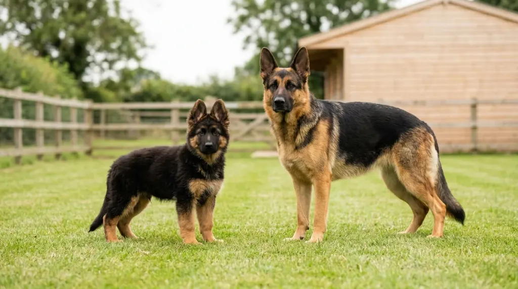 German Shepherd puppy with adult mother standing in an ethical breeding kennel yard