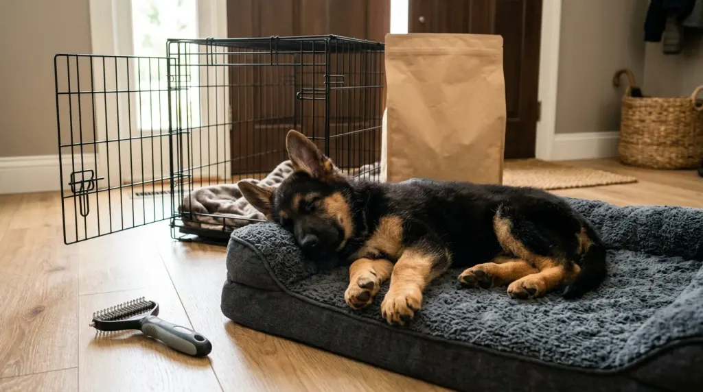 German Shepherd puppy resting near an orthopedic dog bed, wire crate, and puppy food bag