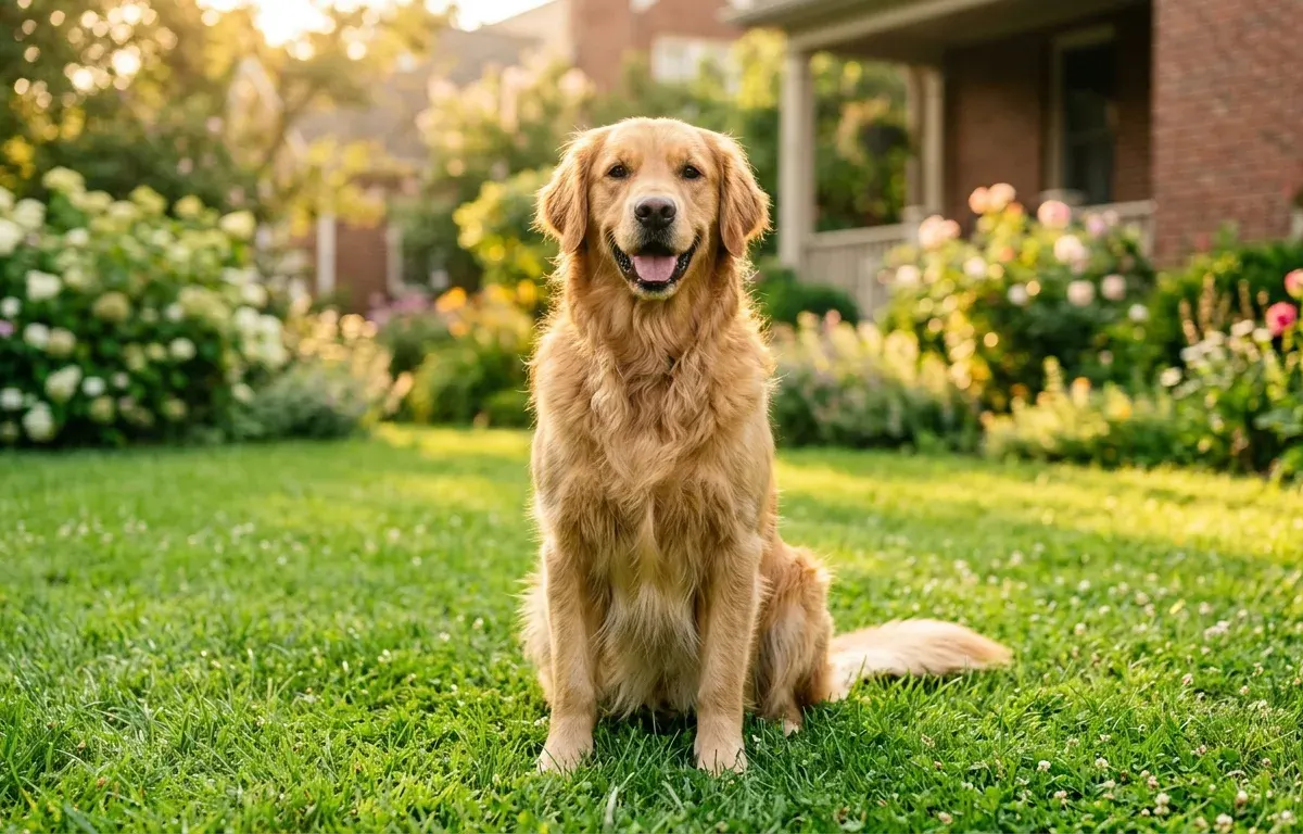 A purebred Golden Retriever sitting in a sunny backyard representing the true costs of dog ownership.