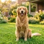 A purebred Golden Retriever sitting in a sunny backyard representing the true costs of dog ownership.