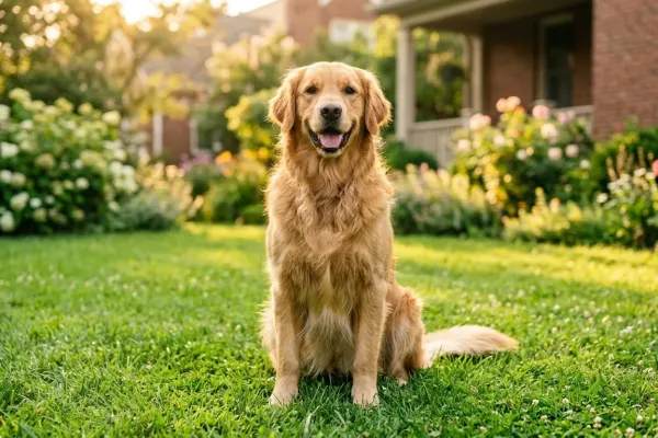 A purebred Golden Retriever sitting in a sunny backyard representing the true costs of dog ownership.