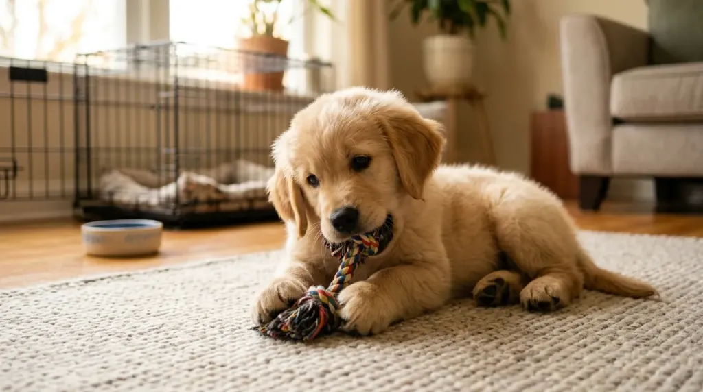 An 8-week-old golden retriver puppy playing indoors illustrating the initial purchase and setup expenses.