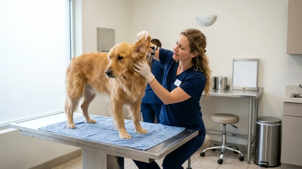 A veterinarian examining an adult Golden Retriever highlighting routine healthcare and monthly wellness costs.