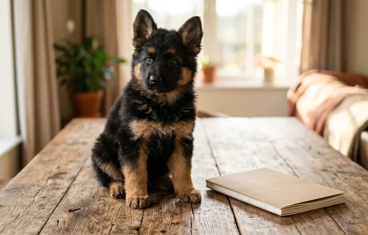 A purebred black and tan German Shepherd puppy sitting next to a health clearance document.